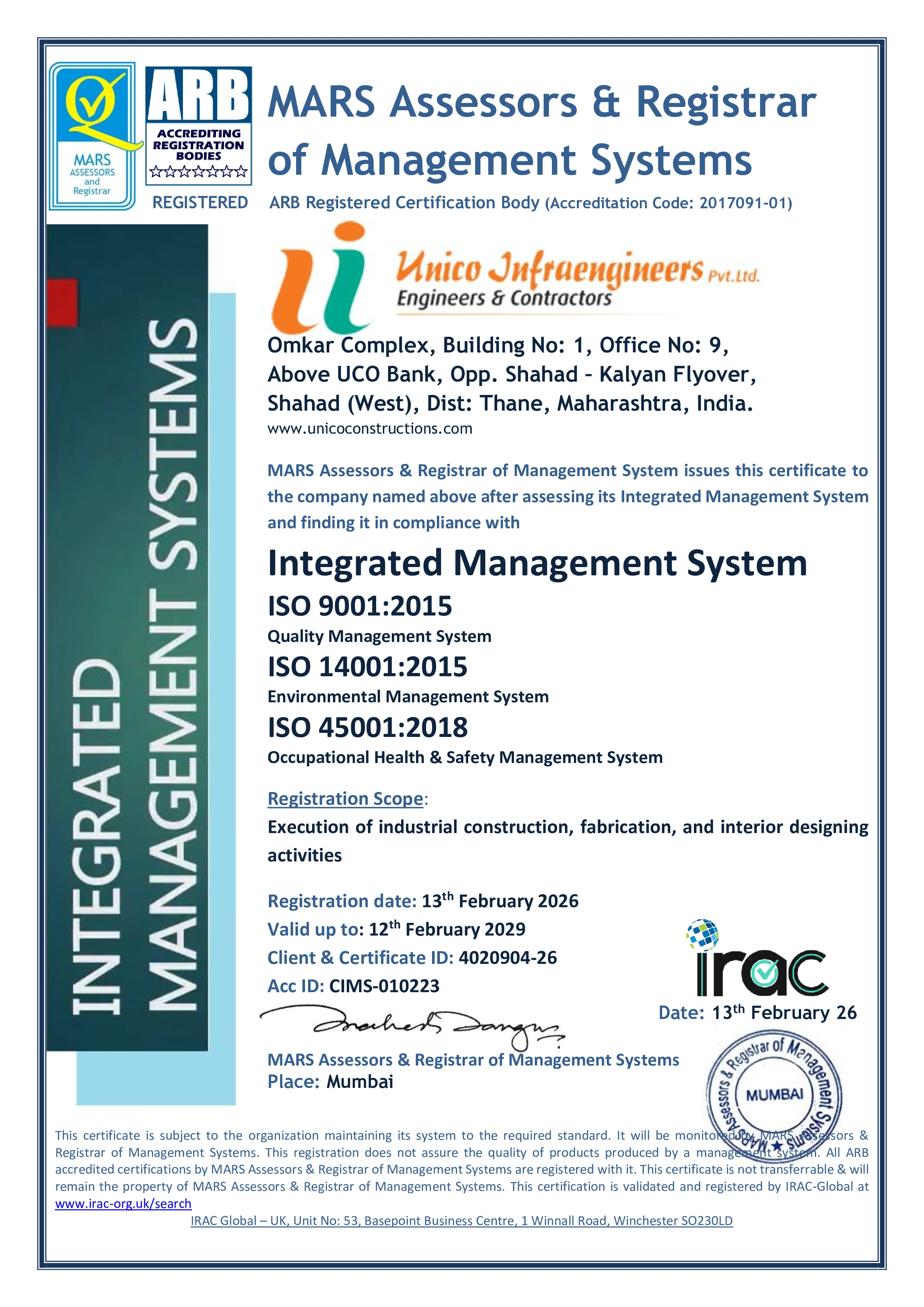 UNICO CONS ISO CERTIFICATE